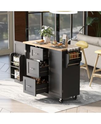 Rolling Kitchen Island 50-Inch with Rubber Wood Top, Slide-Out Shelves, 3 Drawers and Storage Racks
