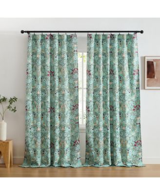 Florence Floral & Birds Patterned Window Back Tab Rod Pocket Curtains Bedroom - Light Blocking Darkening Window Panels, Set of 2