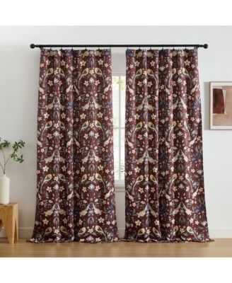 Florence Floral & Birds Patterned Window Back Tab Rod Pocket Curtains Bedroom - Light Blocking Darkening Window Panels, Set of 2