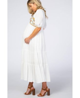 Ivory Floral Embroidered Maternity Midi Dress