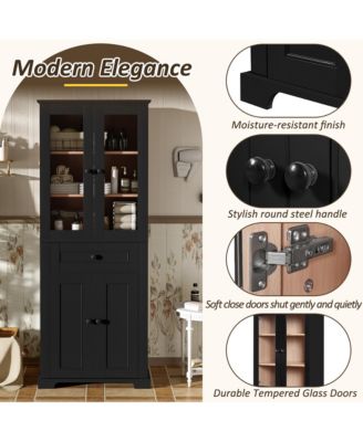 67.2" Tall Bathroom Storage Cabinet with Tempered Glass Doors, Adjustable Shelves, Drawer and Soft-Close Design