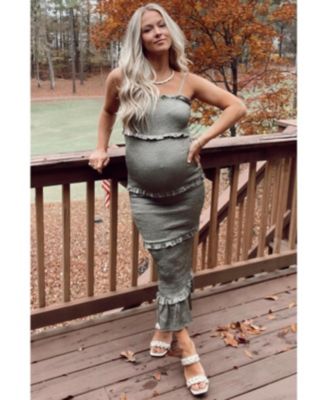 Olive Satin Smocked Fitted Maternity Maxi Dress