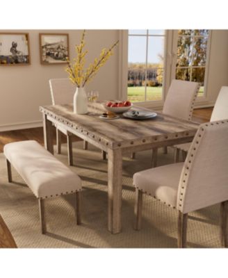 Dining Table Set for 6, 6 Piece Farmhouse Dining Set, Country Style Kitchen Table, 4 Upholstered Chairs & Bench