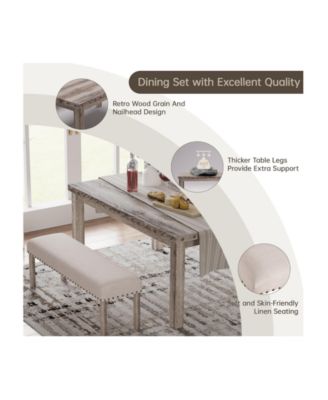 3 Pieces Dining Room Set, Rectangular Wood Dining Table with 2 Upholstered Benches