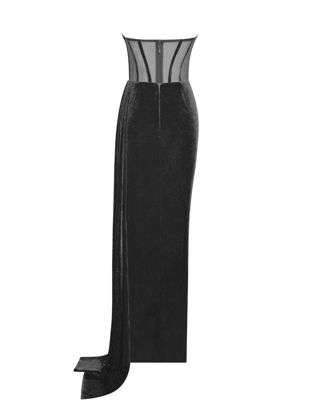 Women's Priya Black Draping Corset High Slit Velvet Gown