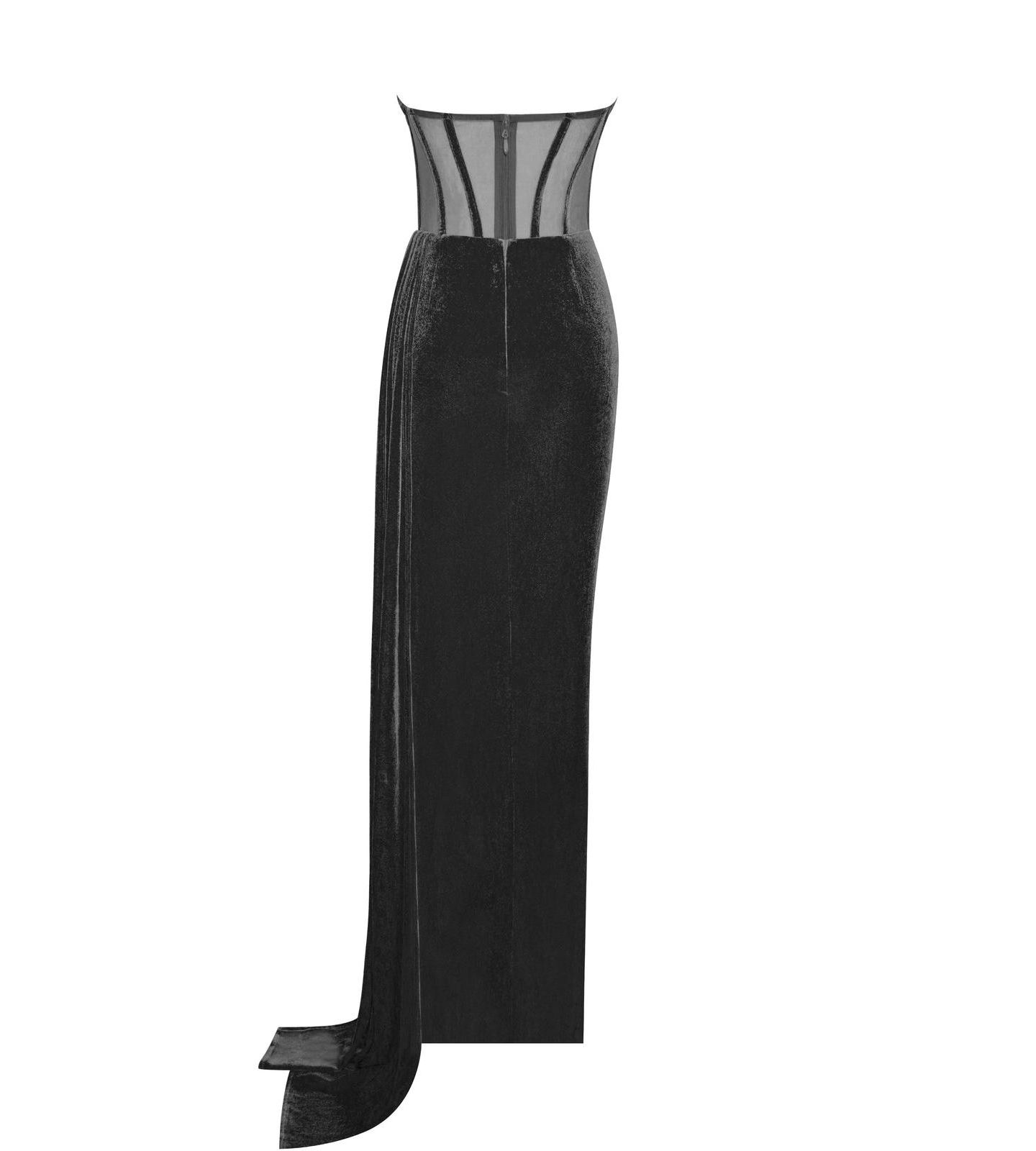Женское платье Miss Circle Priya Black Draping Corset High Slit Velvet Gown, цвет: Чёрный — фото 6
