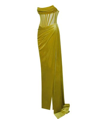 Women's Priya Gold Draping Corset High Slit Velvet Gown