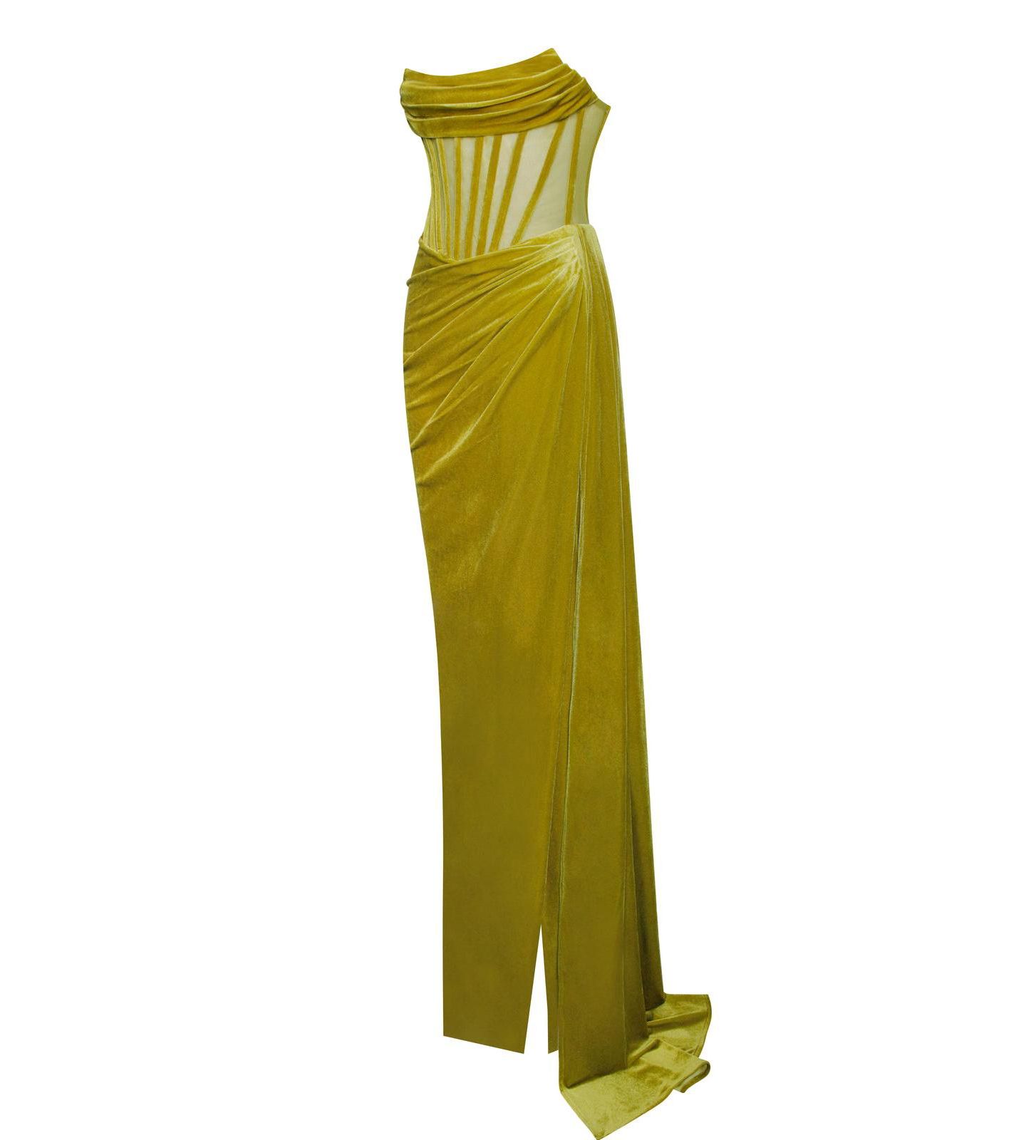 Женское платье Miss Circle Priya Gold Draping Corset High Slit Velvet Gown, цвет: Золотой — фото 4