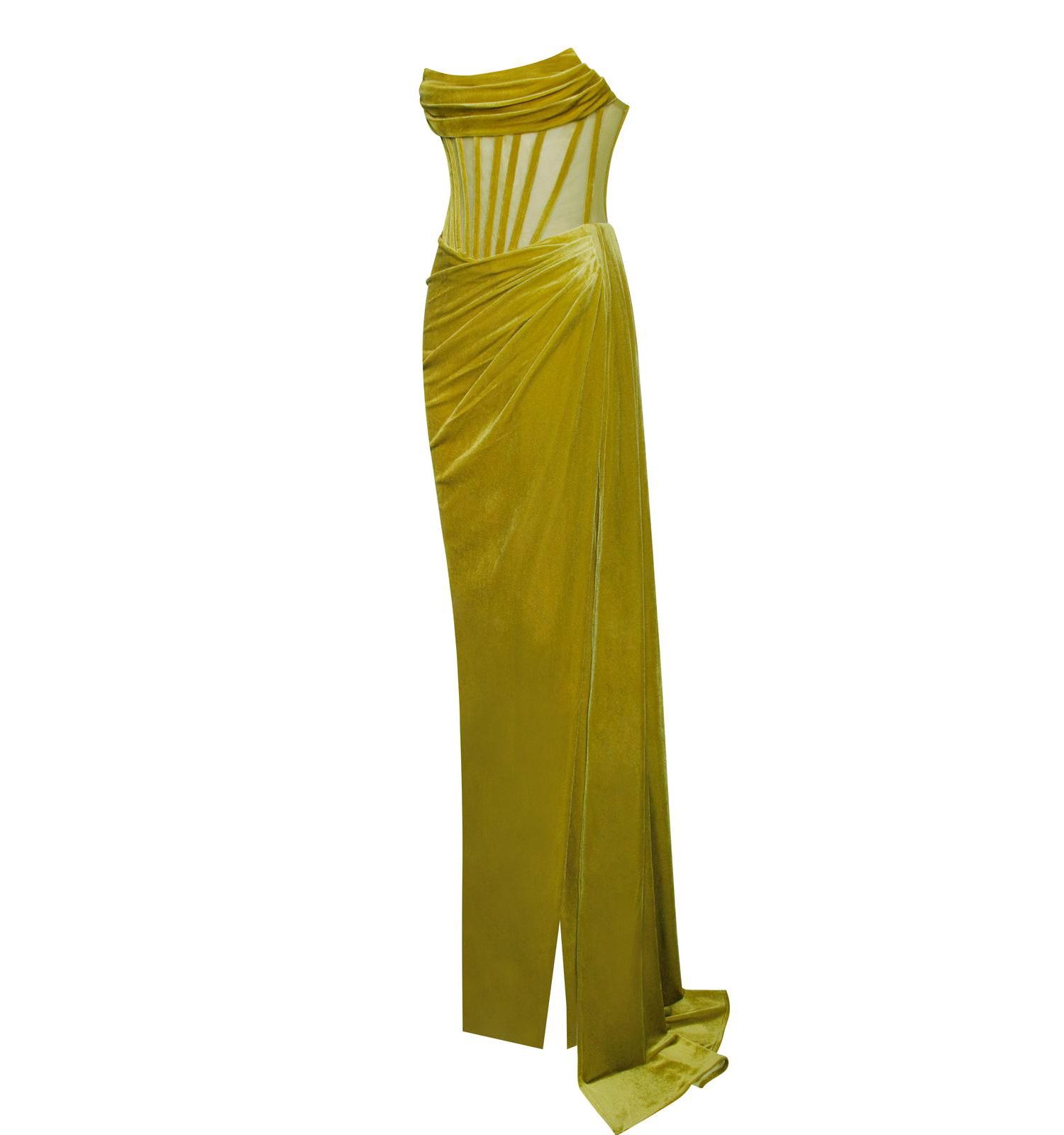 Women's Priya Gold Draping Corset High Slit Velvet Gown