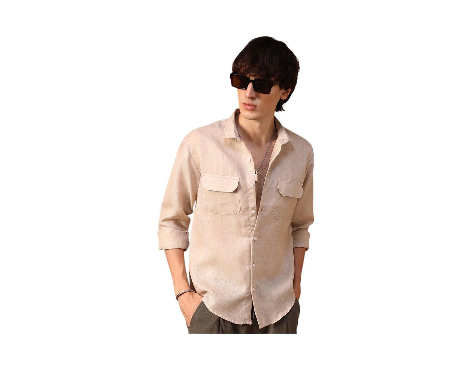 Men's Khaki Beige Solid Utility Shirt