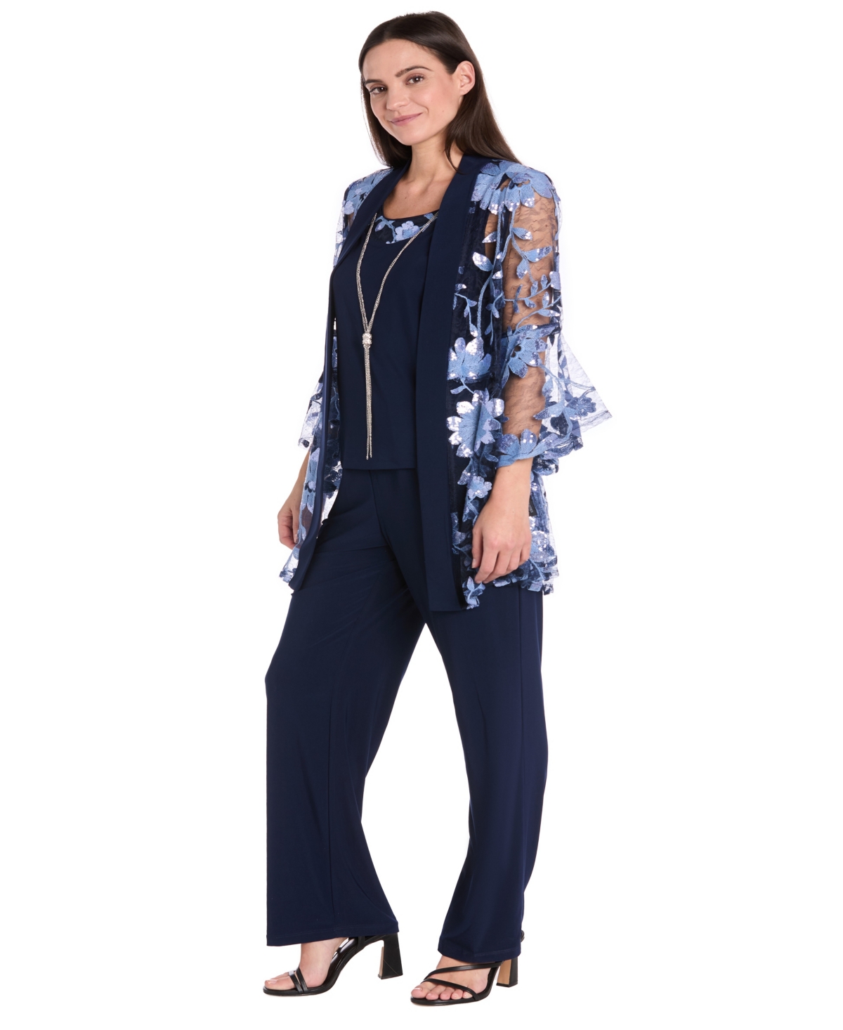 R & M Richards Petite Floral Jacket, Tank Top & Pants Set In Blue