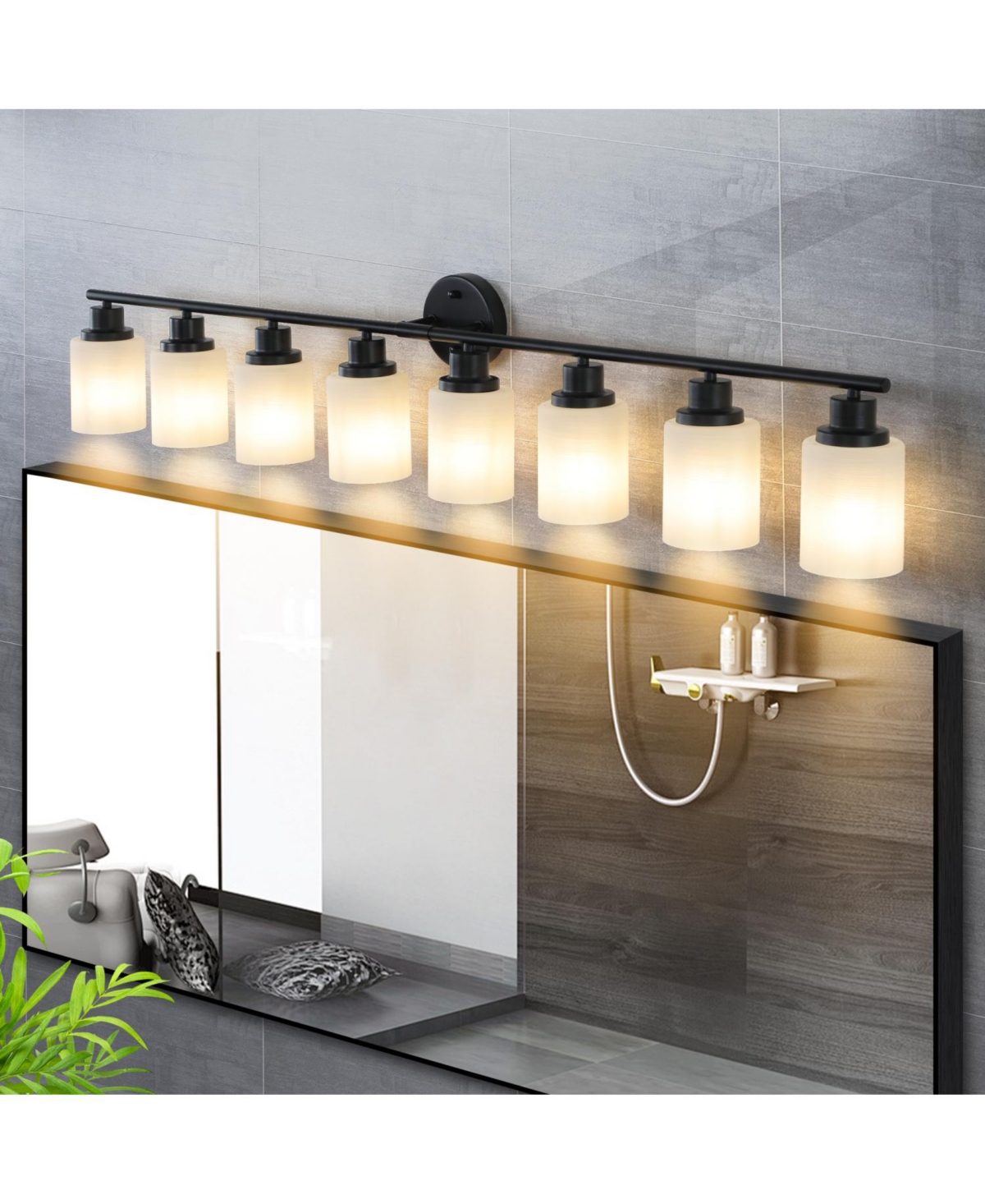 Streamdale Furniture Streamdale 8-Light Vanity Mirror Light Frosted Glass, Black Iron Frame, Bulb Not Incl.