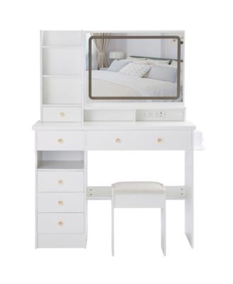 Vanity Table with Cushioned Stool, Power Station, Hair Dryer Stand, Large LED Mirror