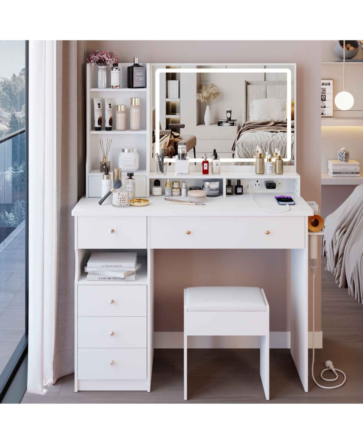 Streamdale Furniture Streamdale Vanity Table with Cushioned Stool, Power Station, Hair Dryer Stand, Large Led Mirror