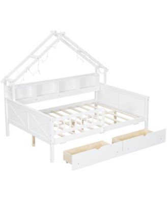 Wood Full House Platform Bed with LED & Storage