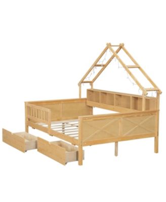 Wood Full House Platform Bed with LED & Storage