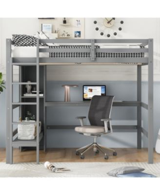 Full Size Wood Loft Bed with Multifunction Shelves and Under-bed Desk Bed