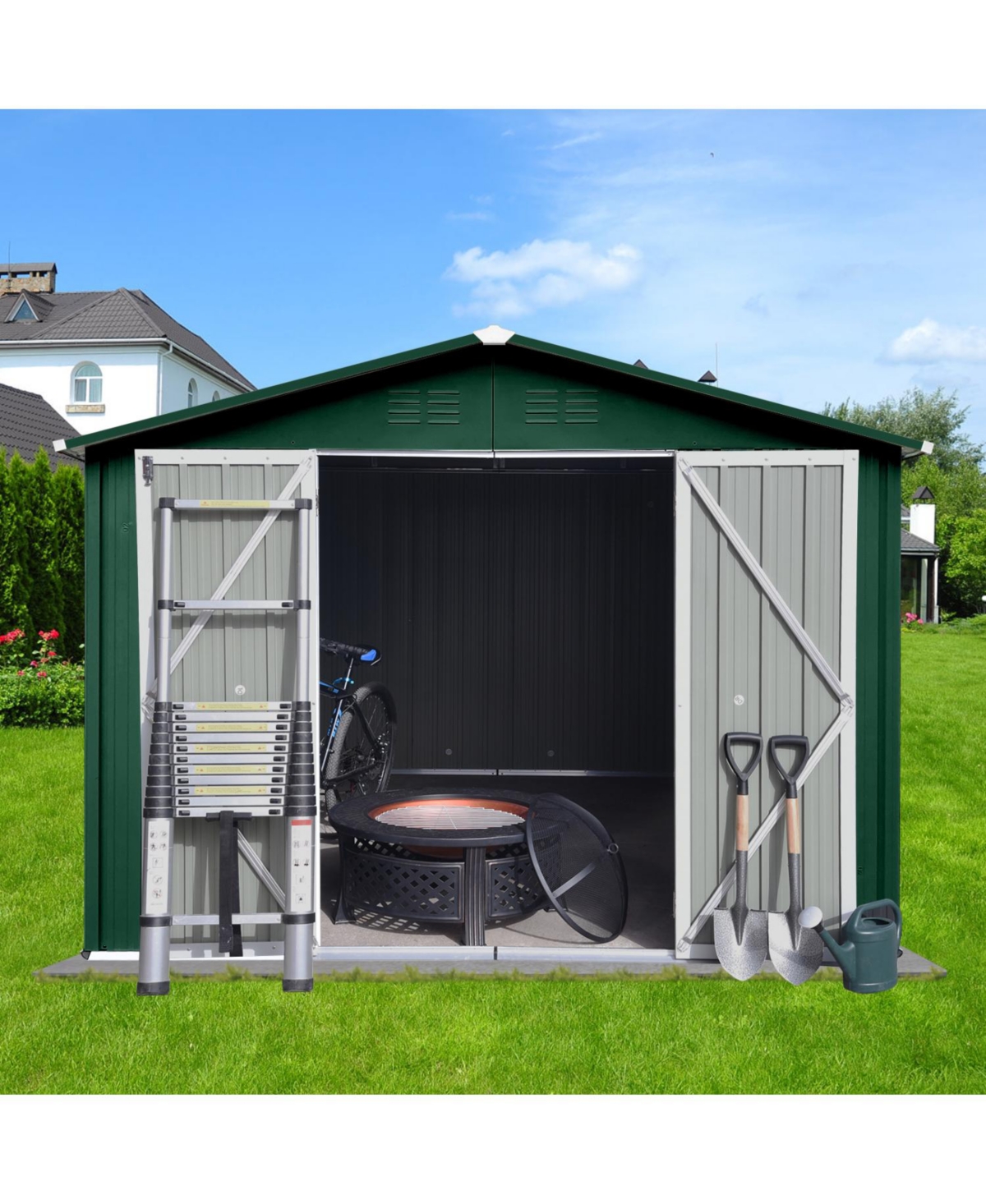 Streamdale Furniture Metal garden sheds 10ftx8ft outdoor storage sheds Green + White