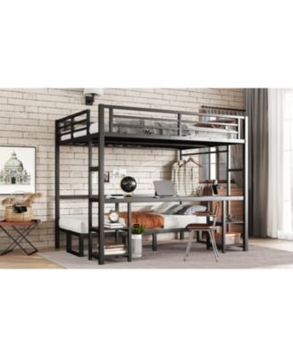 Queen Over Twin XL Bunk Bed with Desk LED & USB Black