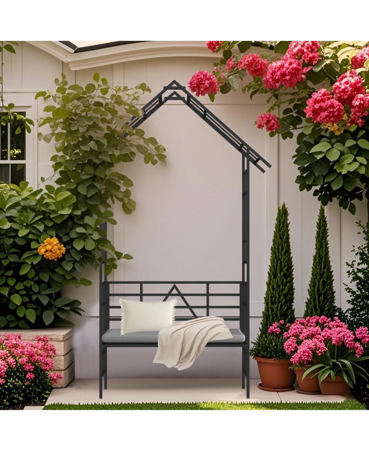 Streamdale Furniture Metal Garden Arch Bench Flower Stand Climbing Plants Support Black