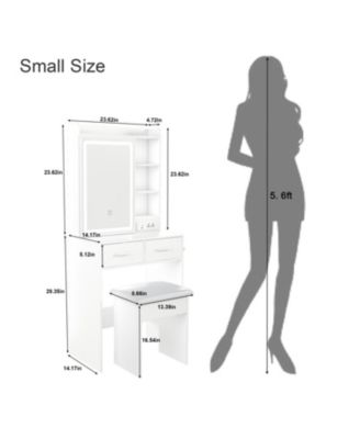 Small Vanity Desk with Mirror LED Lights & Outlet - White