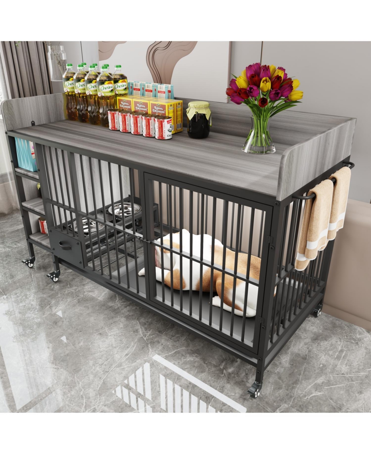 Streamdale Furniture Large Pet Cage w/ Storage & Stainless Steel Bowls (Black/Gray)
