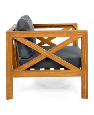 Acacia Wood Club Armchairs (Set of 2), Teak Finish, Dark Grey Cushions