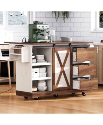 55.5" Farmhouse Kitchen Island w/ Drop Leaf, Barn Door, Power Outlet, Rolling Cart - White