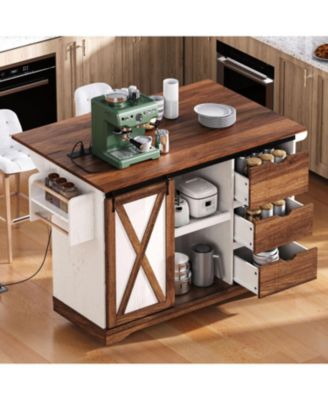 55.5" Farmhouse Kitchen Island w/ Drop Leaf, Barn Door, Power Outlet, Rolling Cart - White