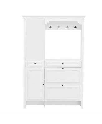 Hall Tree w/ Shoe Cabinet, Mirrored Door, Bench, Hooks & Drawers