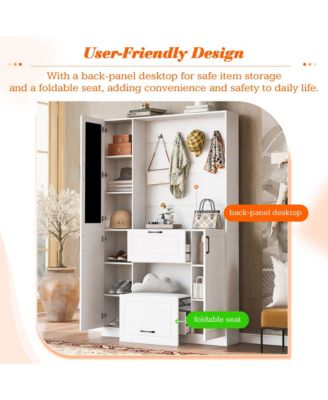  Entryway Bench with Shoe Cabinet, Hall Tree, Hooks & Foldable Seat