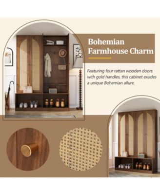 Streamdale Farmhouse Hall Tree - Rattan Doors, Bench, Hooks, Shoe Cabinet - Walnut, 55.1"W