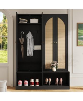 Streamdale Farmhouse Hall Tree- Rattan Doors, Bench, Hooks, Shoe Cabinet - Black, 55.1&amp;#x22;W