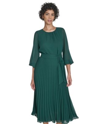 Petite Balloon Sleeve Shirred Neck Pleated Skirt Belted Midi Dress