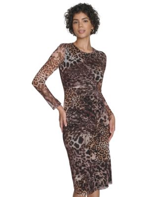 Petite Ruched Cuff Boat Neck Side Shirred Midi Dress