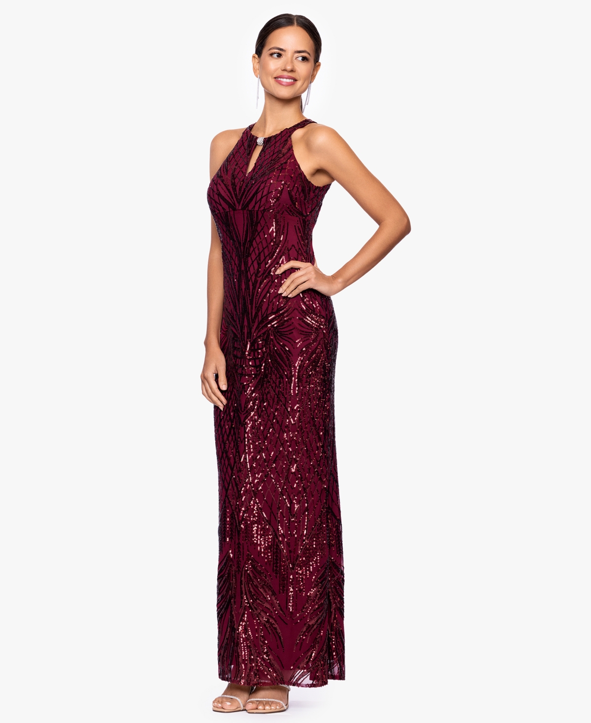 B & A By Betsy And Adam Petite Halter Neck Sequin Dress In Brown