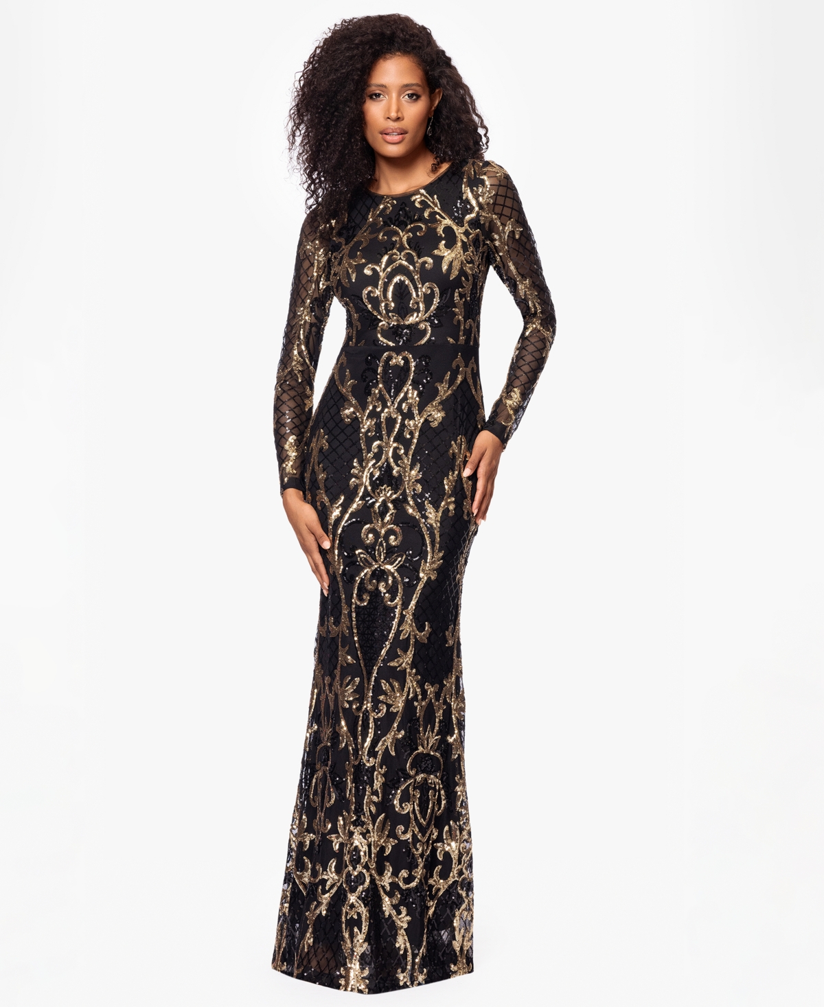 B & A By Betsy And Adam Betsy & Adam Petite Sequinned Mesh-sleeve Evening Gown In Black