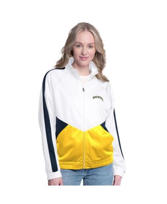 G-III Sports by Carl Banks - Women's&nbsp;White/Navy Milwaukee Brewers Rally Rhinestone Raglan Full-Zip Track Jacket