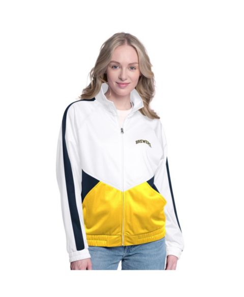 Женские куртки G-III Sports by Carl Banks Women's&nbsp;White/Navy Milwaukee Brewers Rally Rhinestone Raglan Full-Zip Track Jacket