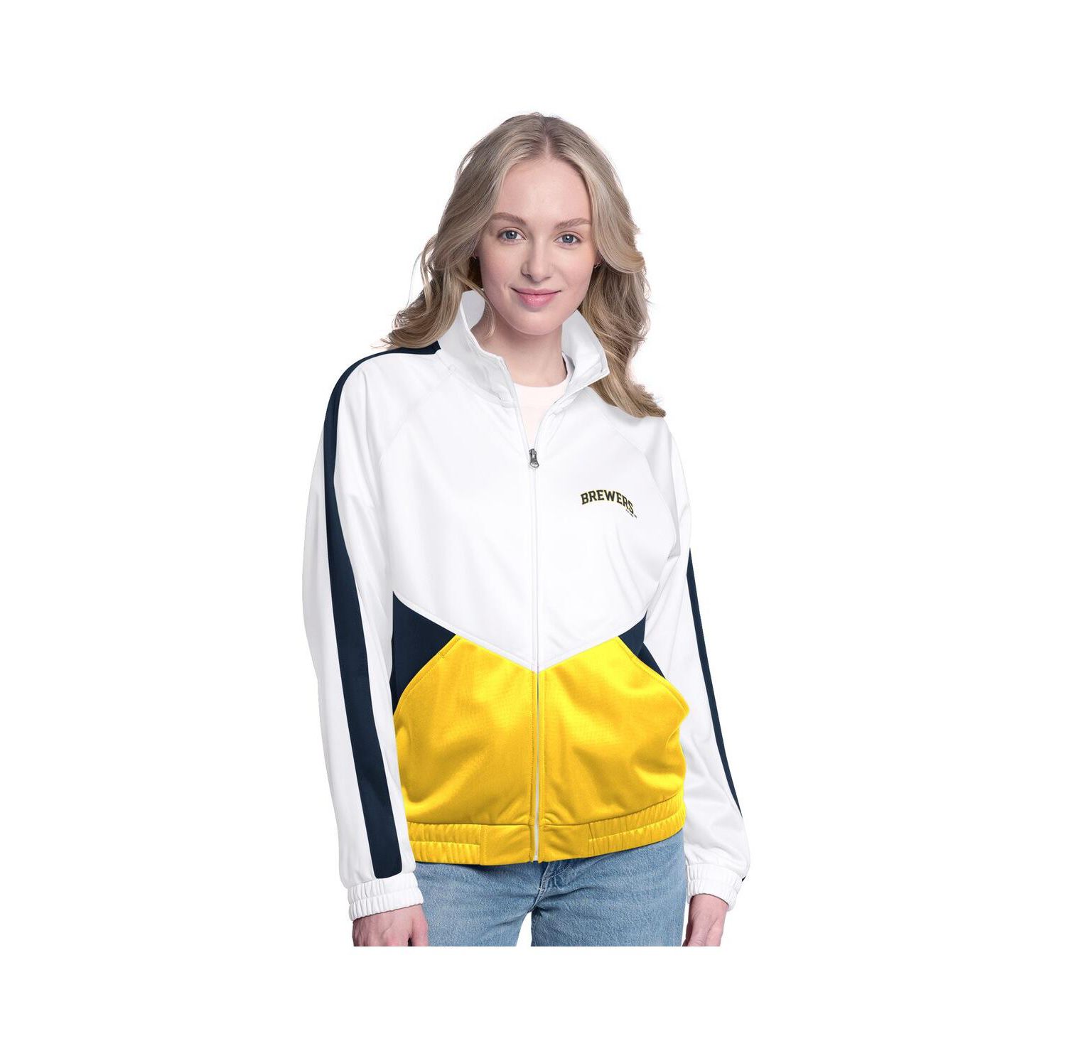 Women's White/Navy Milwaukee Brewers Rally Rhinestone Raglan Full-Zip Track Jacket