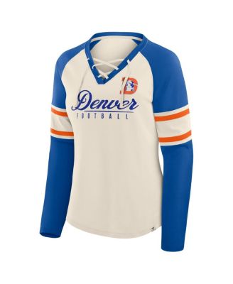 Women's Cream/Royal Denver Broncos Hometown Gridiron Hero Raglan Lace-Up V-Neck Long Sleeve T-Shirt