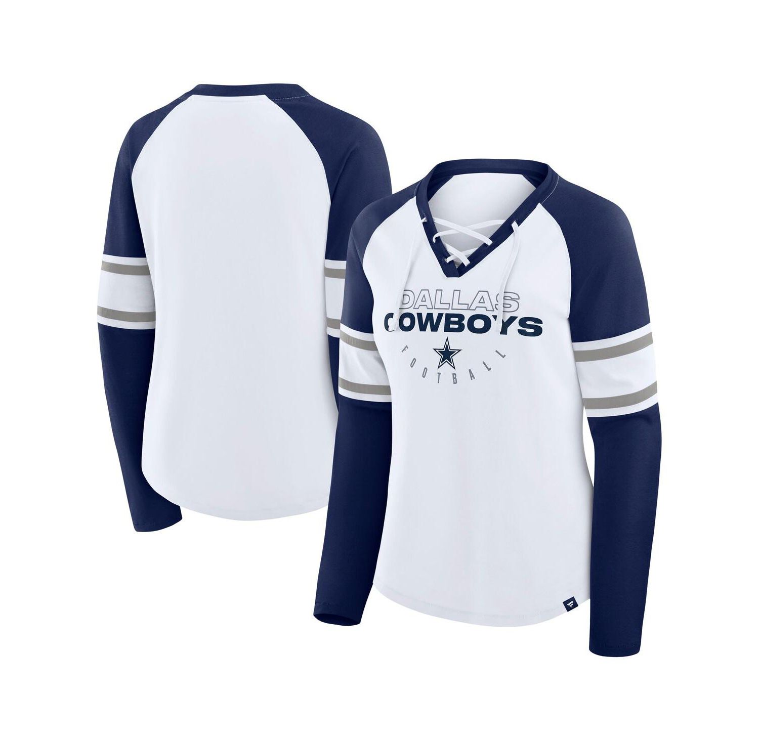 Women's White/Navy Dallas Cowboys Redzone Blitz Package Raglan Lace-Up V-Neck Long Sleeve T-Shirt