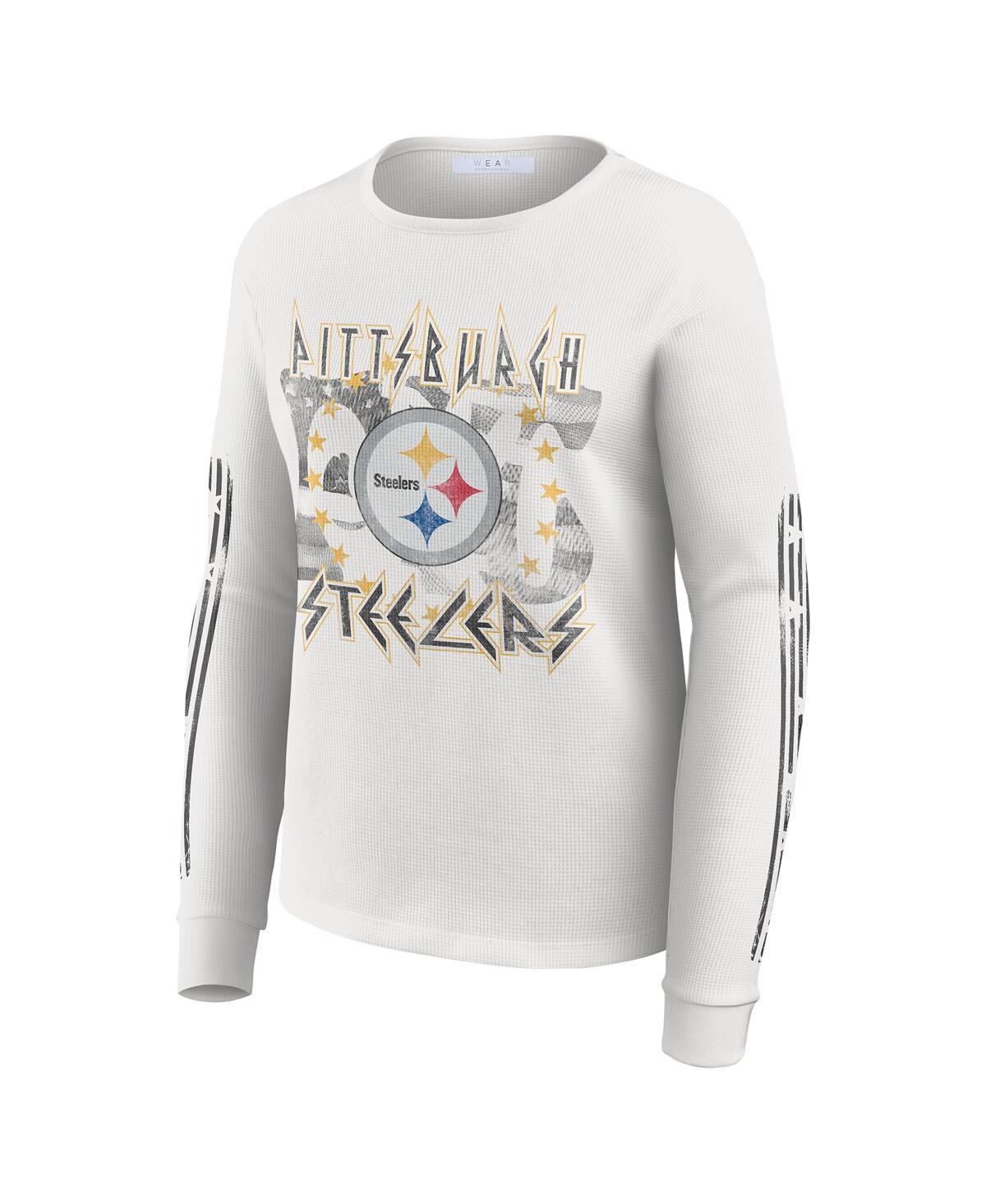 Wear By Erin Andrews Women's White Pittsburgh Steelers Graphic Waffle Long-sleeve T-shirt In White