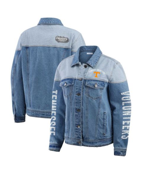 Женские куртки WEAR by Erin Andrews Women's Denim Tennessee Volunteers Sleeve Hit Color Block Button-Down Denim Jacket
