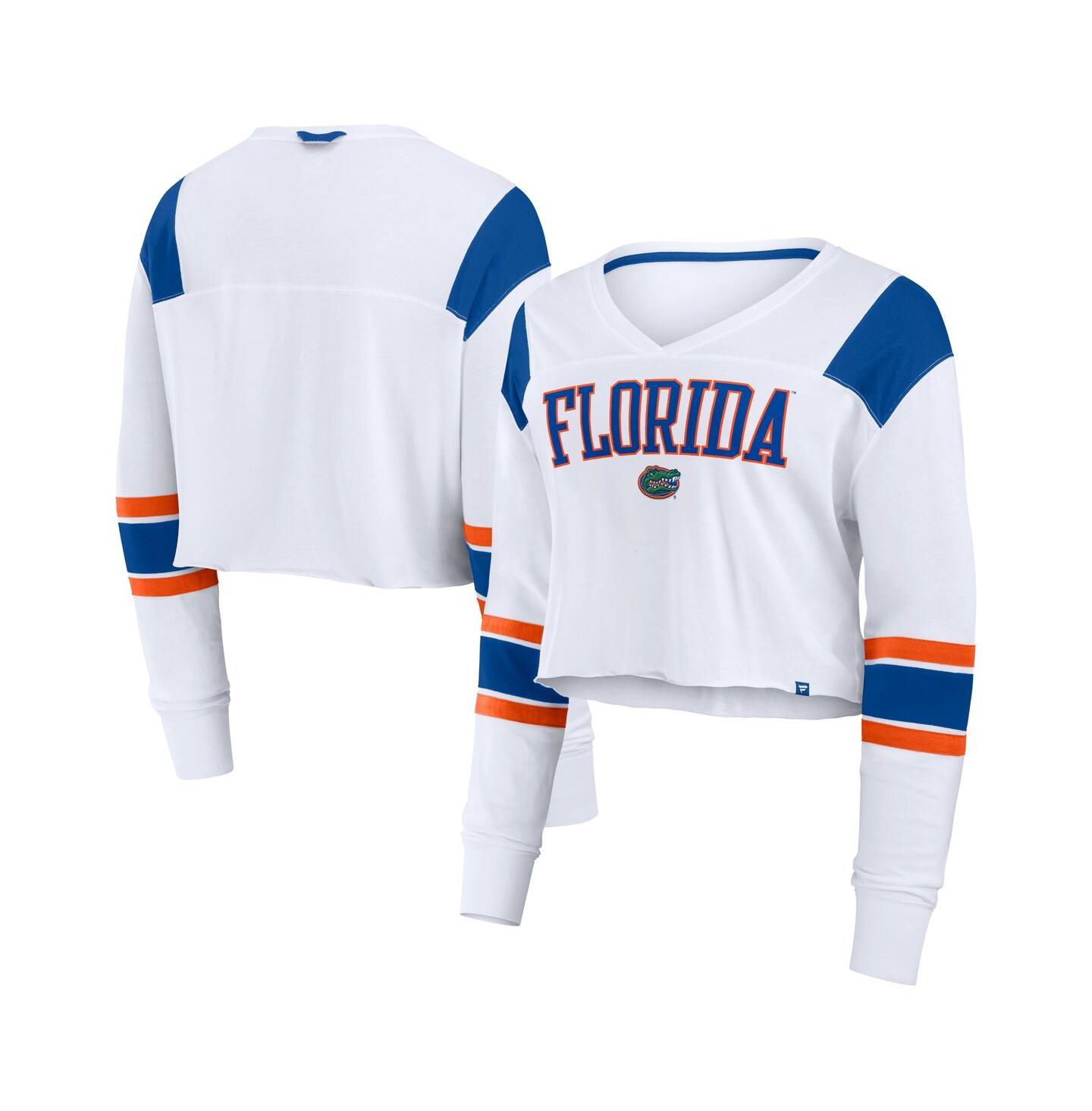 Женский топ Fanatics White Florida Gators Training Camp Cropped Long Sleeve V-Neck Fashion — фото 1