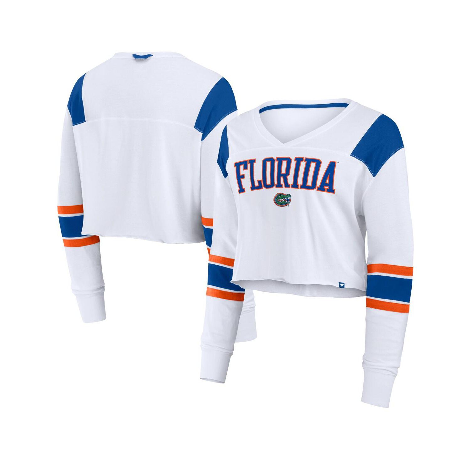 Women's White Florida Gators Training Camp Cropped Long Sleeve V-Neck Fashion Top