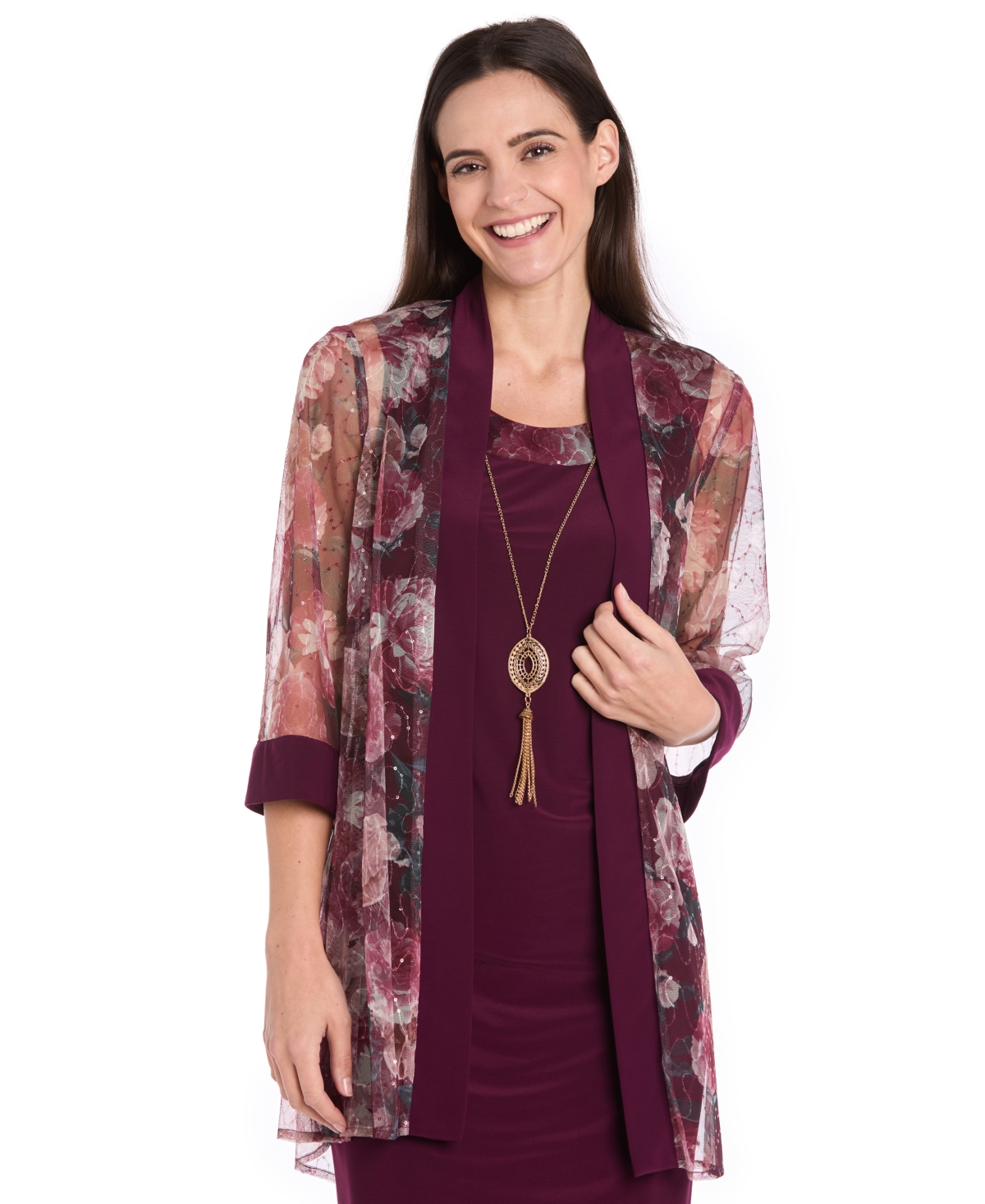 R & M Richards Petite Printed Scoop Neck Jacket Dress In Burgundy