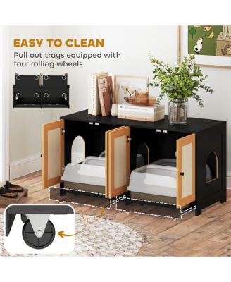 Cat Litter Box Enclosure w/ 2 Cabinets, Scratching Mats, Trays