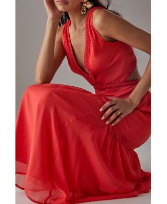 Women's Chiffon Fringe Trim Cut Out Maxi Dress