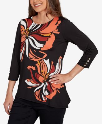 Petite Button Sleeve Bold Floral Top